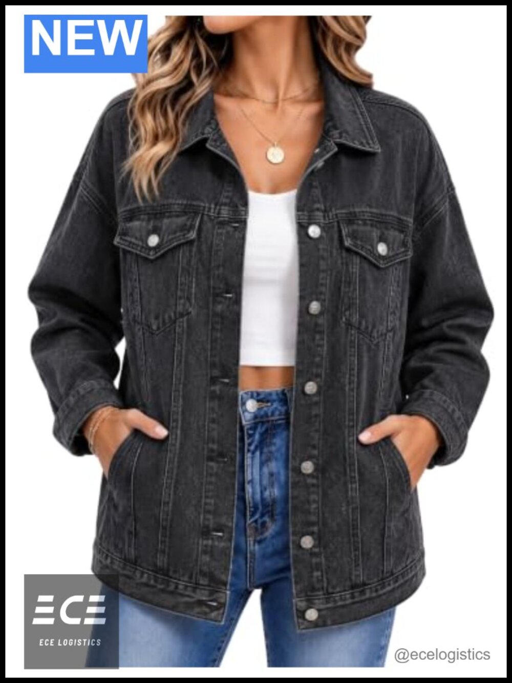 Oversized Distressed Denim Jacket Button Front Mid-Length Multiple Pockets